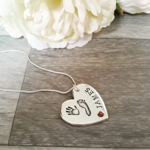 Large hand and footprint necklace with birthstone