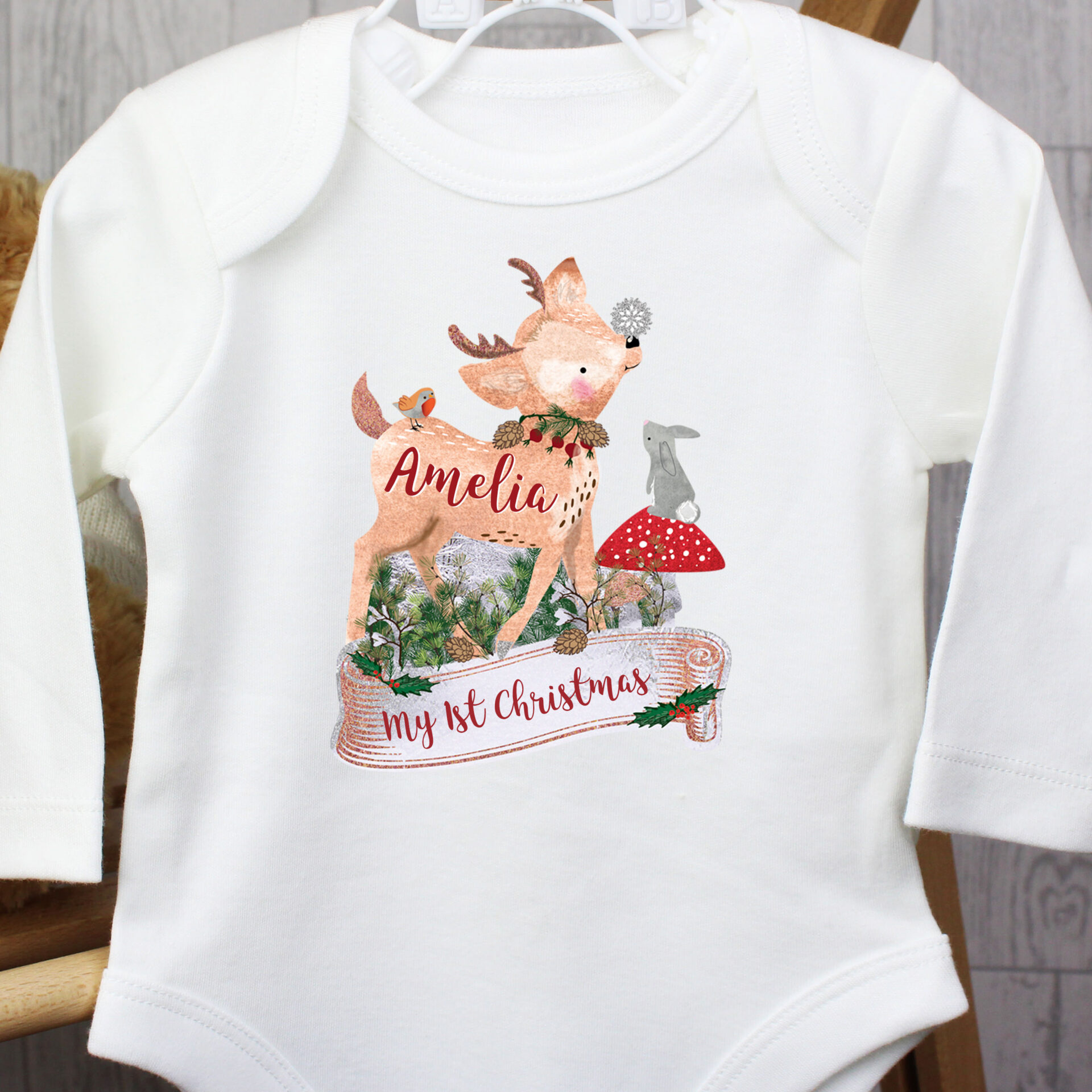 Personalised Festive Fawn 0-3 Months Long Sleeved Baby Vest - Image 3