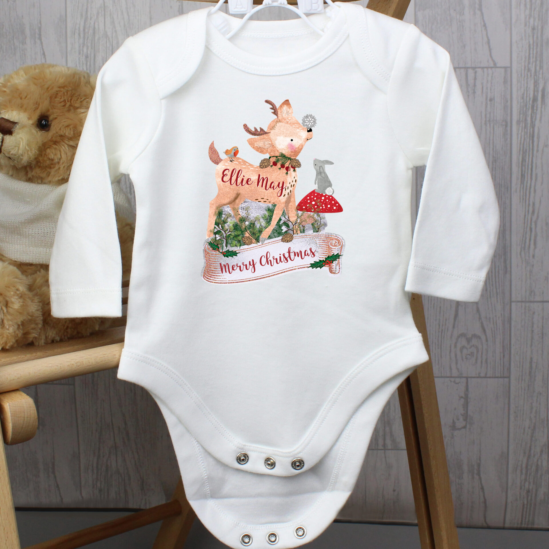 Personalised Festive Fawn 0-3 Months Long Sleeved Baby Vest - Image 2